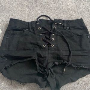 lace up black denim shorts